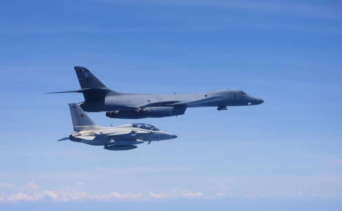 PAF's FA50 aircraft along with US B-1B bomber aircraft during the PAF-PACAF Bilateral Air Patrol on April 29, 2025, over the West Philippine Sea.
